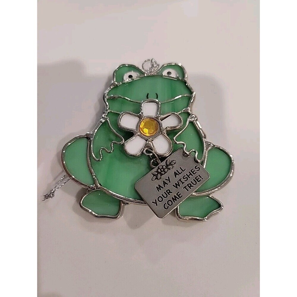 Stained Glass Frog Suncatcher Window Ornament - 3" Small Green Flower Ganz